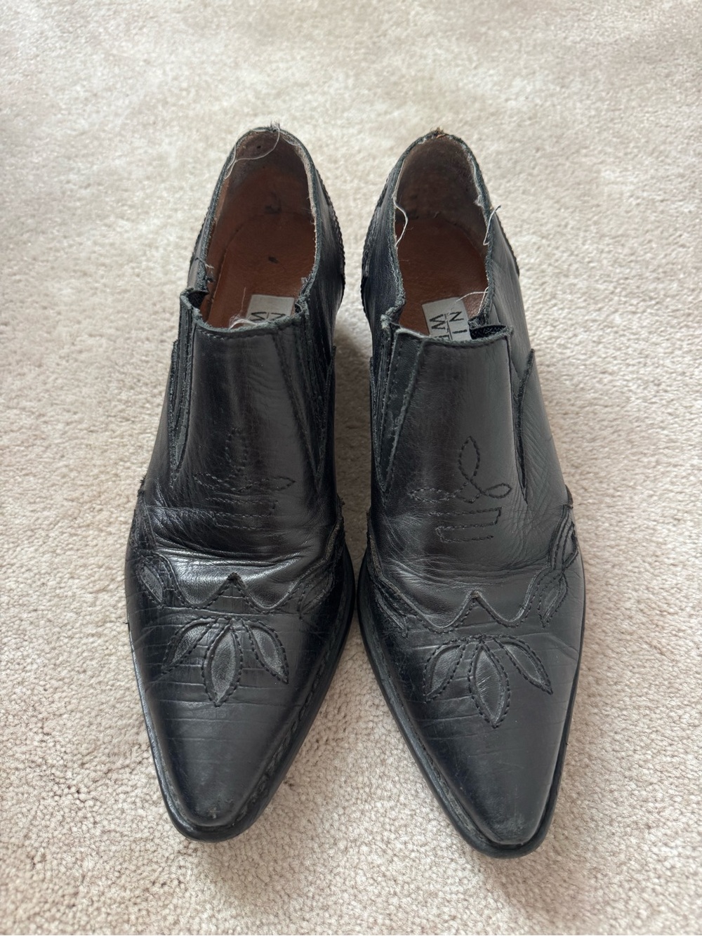 Nine West Black Leather Pointed Toe Booties with Embroidered Detail